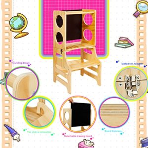 4 in 1 Learning Kitchen Tower Toddler Kitchen Stool with Safety Rail Helper Stool for Toddlers Foldable Learning Tower Toddler Step Stool with Slide and Chalkboard