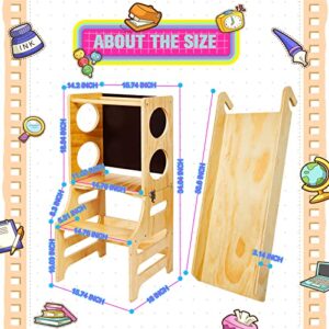 4 in 1 Learning Kitchen Tower Toddler Kitchen Stool with Safety Rail Helper Stool for Toddlers Foldable Learning Tower Toddler Step Stool with Slide and Chalkboard