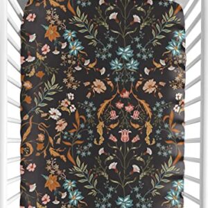 Sweet Jojo Designs Boho Wildflower Vintage Floral Girl Fitted Crib Sheet Baby Toddler Bed Nursery Black Rust Orange Teal Daisy Leaves Botanical Paisley Leaf Flower Bohemian Farmhouse Turquoise Blue