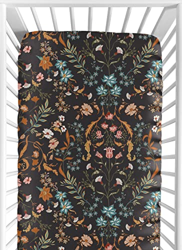 Sweet Jojo Designs Boho Wildflower Vintage Floral Girl Fitted Crib Sheet Baby Toddler Bed Nursery Black Rust Orange Teal Daisy Leaves Botanical Paisley Leaf Flower Bohemian Farmhouse Turquoise Blue