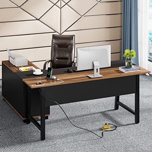 Tribesigns 70.9 x 30.9 Inch Extra Large Office Executive Desk with Power Outlet and File Cabinet, L-Shaped Computer Desk Home Office Workstation Business Furniture Set with Printer Stand