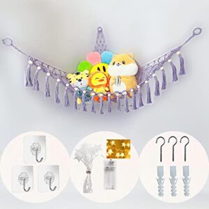 sotho stuffed animal net or hammock with led light,hanging corner net for stuffed animals storage purple color, stuffed animal hammock holder with hooks for hanging, toy organizer for bedroom nursery