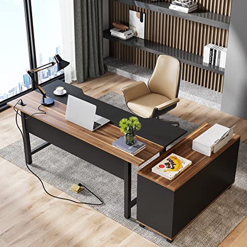 Tribesigns 70.9 x 30.9 Inch Extra Large Office Executive Desk with Power Outlet and File Cabinet, L-Shaped Computer Desk Home Office Workstation Business Furniture Set with Printer Stand