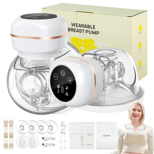 Coolever Wearable Breast Pump Hands Free, Great Suction for Electric Breast Pump, No Milk Leakage Portable Breast Pump, Low Noise&Pain Free, LCD Display, 3 Modes&9 Levels, 19+22+26mm Flanges, 2 Pack