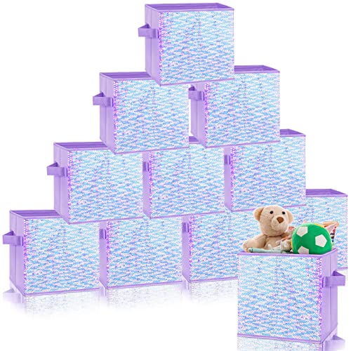 10 Pieces Fabric Foldable Purple Basket Cube Storage Organizer Bins Storage Cubes Toy Organizers and Storage for Nursery Home Bedroom Drawer, 11 x 11 x 11 inches