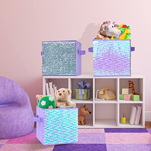 10 Pieces Fabric Foldable Purple Basket Cube Storage Organizer Bins Storage Cubes Toy Organizers and Storage for Nursery Home Bedroom Drawer, 11 x 11 x 11 inches