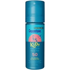 coppertone kids roll-on sunscreen with blue color, zinc oxide sunscreen lotion, kids tear free sunscreen, 2.5 fl oz bottle