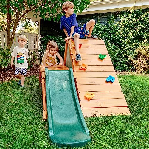 Avenlur Palm Outdoor and Indoor Playground 5 in 1 Backyard Playset with Ladder, Rock Wall, 4 ft. Slide, Tent Fort, Montessori Style Play Set Climber Playhouse Toddlers, Children, Kids 2-8yr (Green)