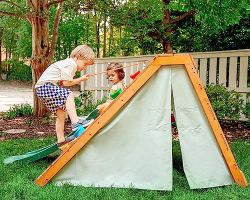 Avenlur Palm Outdoor and Indoor Playground 5 in 1 Backyard Playset with Ladder, Rock Wall, 4 ft. Slide, Tent Fort, Montessori Style Play Set Climber Playhouse Toddlers, Children, Kids 2-8yr (Green)