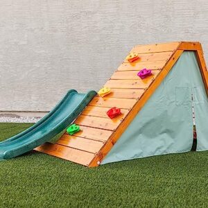 Avenlur Palm Outdoor and Indoor Playground 5 in 1 Backyard Playset with Ladder, Rock Wall, 4 ft. Slide, Tent Fort, Montessori Style Play Set Climber Playhouse Toddlers, Children, Kids 2-8yr (Green)