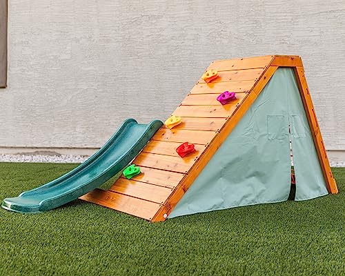 Avenlur Palm Outdoor and Indoor Playground 5 in 1 Backyard Playset with Ladder, Rock Wall, 4 ft. Slide, Tent Fort, Montessori Style Play Set Climber Playhouse Toddlers, Children, Kids 2-8yr (Green)