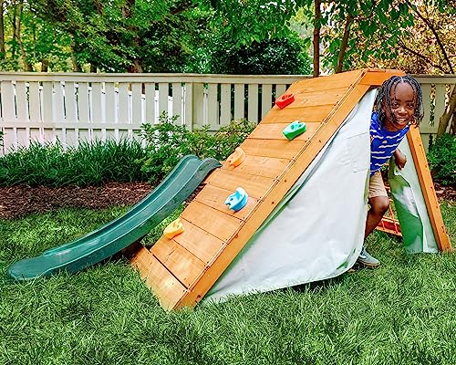 Avenlur Palm Outdoor and Indoor Playground 5 in 1 Backyard Playset with Ladder, Rock Wall, 4 ft. Slide, Tent Fort, Montessori Style Play Set Climber Playhouse Toddlers, Children, Kids 2-8yr (Green)