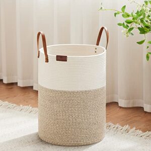 viposco small laundry basket, slim baby hamper with leather handle, cute woven rope storage basket for blanket, kids toy, clothes in living room, bathroom, bedroom, nursery room - 30l white & brown
