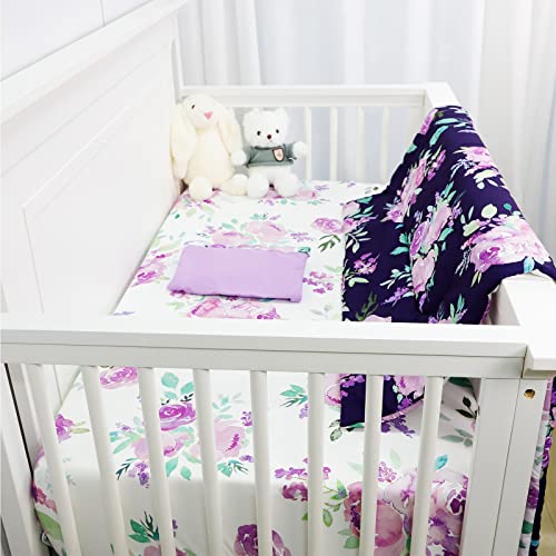 TANOFAR 4 Piece Crib Bedding Set for Girls, Baby Nursery Crib Bedding Set, Purple Flower Crib Skirt, Quilt, Crib Sheet and Diaper Stacke,Crib Bedding Set for Girls (Purple Flower)