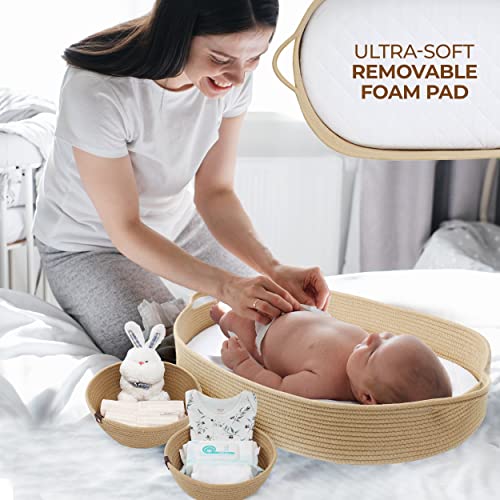 BESTOWALS Baby Changing Basket for Baby Dresser, Moses Basket for Babies, Comfortable and Stylish Cotton Rope Diaper Changing Basket with 3 Small Baskets, Easy to Carry