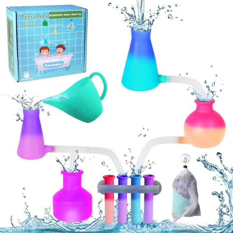 Bath Toys for Kids Ages 4-8, Silicone Bathtub Toys with Mesh Bag, Possess 3 Unique Color Changing, Includes 4 Beaker, Test Tube and Inspiration Cards, Perfect STEM Gift for Toddlers, Boys & Girls