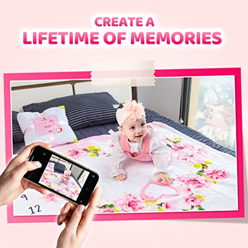 Milestone Blanket for Baby Girls - Very Soft, Light Weight with Heart Frame, Rectangle Marker, Headband Free - Machine Washable - Baby Growth Chart Blanket