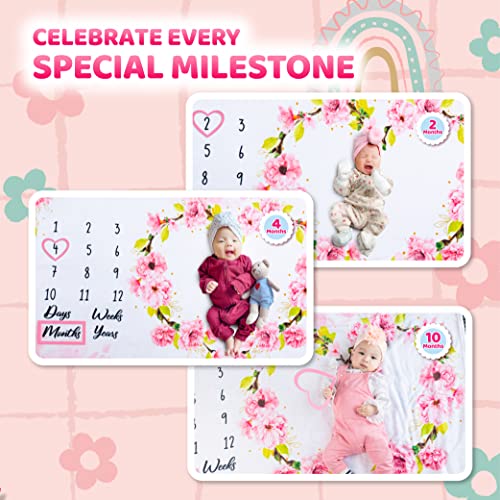 Milestone Blanket for Baby Girls - Very Soft, Light Weight with Heart Frame, Rectangle Marker, Headband Free - Machine Washable - Baby Growth Chart Blanket