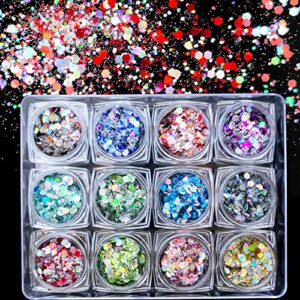addfavor 12 colors holographic nail glitter mixed hexagon shape chunky glitter flakes sparkles confetti nail sequins for women girls nail art decoration