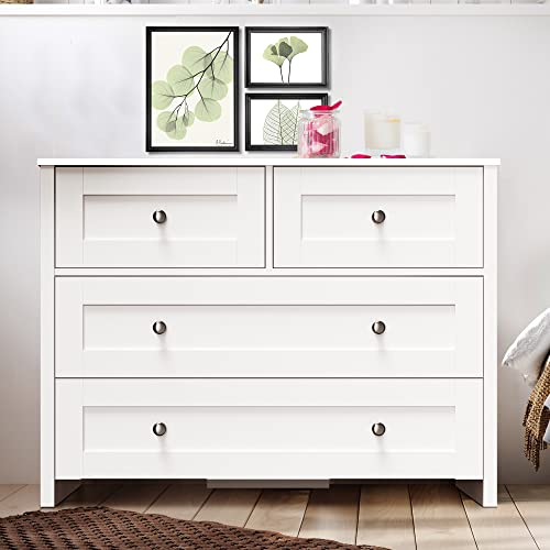 4 Drawer Dresser, White Dresser for Bedroom, Wide Nursery Dresser Storage Organizer Cabinet, Chest of Drawers for Children Room, Entryway and Living Room