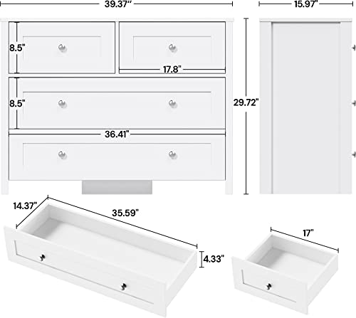 4 Drawer Dresser, White Dresser for Bedroom, Wide Nursery Dresser Storage Organizer Cabinet, Chest of Drawers for Children Room, Entryway and Living Room