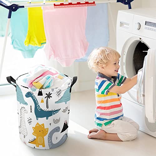 Babyish Dinosaurs Laundry Hamper Collapsible Laundry Basket with Drawstring Waterproof Scandinavian Style Toys Storage Basket with Handle, 14x17.3 Inches