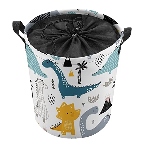 Babyish Dinosaurs Laundry Hamper Collapsible Laundry Basket with Drawstring Waterproof Scandinavian Style Toys Storage Basket with Handle, 14x17.3 Inches