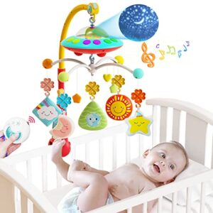 eners baby crib mobile with music and lights, mobile for crib with remote control, rotation, moon and star projection, baby crib toys for boys girls (yellow)
