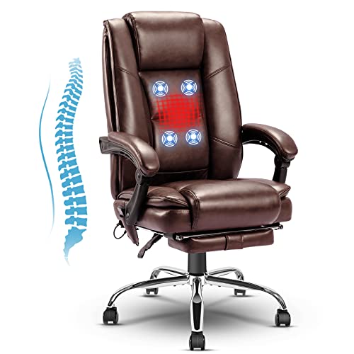 NOBLEMOOD Executive Office Chair, 4 Points Massage Desk Chair Heated Design Big and Tall Office Chair Ventilation Mesh Ergonomic Reclining Chair with Lumbar Support Pillow and Footrest(Brown)