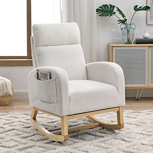 KIVENJAJA Rocking Chair Nursery, Modern Teddy Velvet Upholstered Nursing Glider Rocker Armchair, Comfy Accent Arm Chair with Side Pockets & High Pillowback for Living Room Baby Room, White