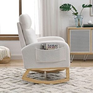 KIVENJAJA Rocking Chair Nursery, Modern Teddy Velvet Upholstered Nursing Glider Rocker Armchair, Comfy Accent Arm Chair with Side Pockets & High Pillowback for Living Room Baby Room, White