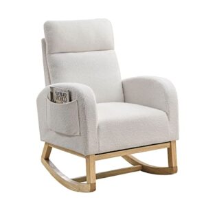 KIVENJAJA Rocking Chair Nursery, Modern Teddy Velvet Upholstered Nursing Glider Rocker Armchair, Comfy Accent Arm Chair with Side Pockets & High Pillowback for Living Room Baby Room, White