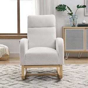 KIVENJAJA Rocking Chair Nursery, Modern Teddy Velvet Upholstered Nursing Glider Rocker Armchair, Comfy Accent Arm Chair with Side Pockets & High Pillowback for Living Room Baby Room, White