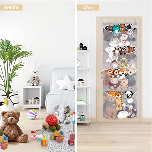 Hanging Stuffed Animal Storage, Over The Door Large Plush Toy Organizer with Metal Hook, Baby Accessories Holder Idea for Nursery, Doll & Teddy Bear Mesh Hammock Bag for Girls Boys Kids Room