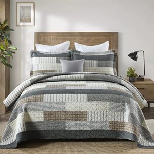 quilts queen size, queen quilt bedding set bedspread, 100% cotton patchwork quilt for queen bed, 3 pieces plaid farmhouse reversible lightweight comforter bed spread for all season, grey/tan/black