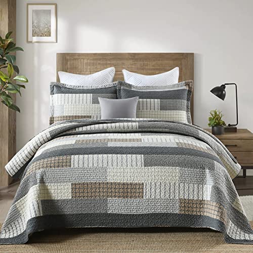 Quilts Queen Size, Queen Quilt Bedding Set Bedspread, 100% Cotton Patchwork Quilt for Queen Bed, 3 Pieces Plaid Farmhouse Reversible Lightweight Comforter Bed Spread for All Season, Grey/Tan/Black