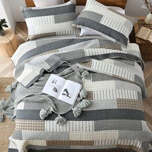 Quilts Queen Size, Queen Quilt Bedding Set Bedspread, 100% Cotton Patchwork Quilt for Queen Bed, 3 Pieces Plaid Farmhouse Reversible Lightweight Comforter Bed Spread for All Season, Grey/Tan/Black