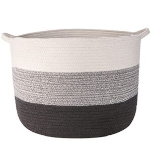 blanket basket for living room large cotton rope basket 21.7" x 21.7" x 13.8" woven laundry basket toy storage bins white grey black