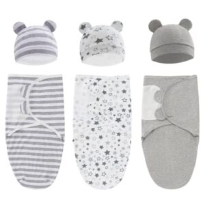 swaddle king easy swaddle wraps with matching hats, pack of 6 (3 wraps + 3 hats), cotton knit baby wrap, newborn wearable swaddle sleep sack, size 0-3 months, small