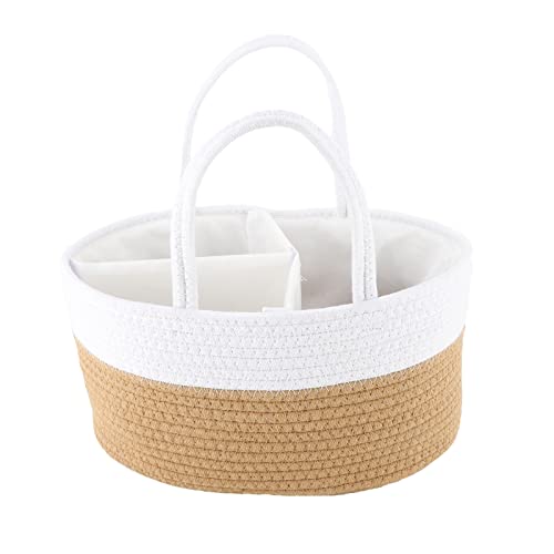 HODAKJUE Baby Diaper Caddy Organizer, Cotton Rope Nursery Storage Basket, Car & Changing Table Tote for Newborn Boys Girls ( White & Brown )