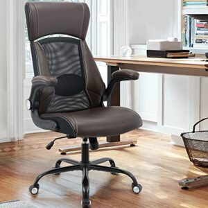 Executive Office Chair, Ergonomic Leather Desk Chair - Widened Adjustable Headrest with Flip-Up Arms, High Back Computer Swivel Task Chair with Lumbar Support for Home Office, Brown (Brown, Large)