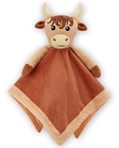 brown highland cow lovey baby boy blanket animal security blanket neutral baby snuggly scotland herd animal face soft bedding plush kids grandchild's lovey nursery décor gift ideas for son