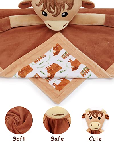 Brown Highland Cow Lovey Baby Boy Blanket Animal Security Blanket Neutral Baby Snuggly Scotland Herd Animal Face Soft Bedding Plush Kids Grandchild's Lovey Nursery Décor Gift Ideas for Son