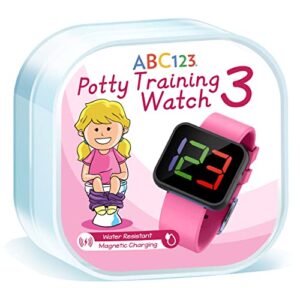 abc123 potty training watch 3 (2023 edition) - baby reminder water resistant timer for toilet training kids & toddler with wireless charging (pink)