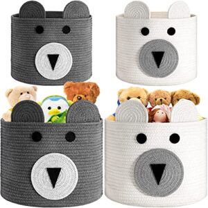 4 pieces cotton rope bear animal basket 2 sizes cute bear basket with handles cotton rope storage basket foldable woven storage basket baby laundry hamper nursery bins for toys, blanket, clothes