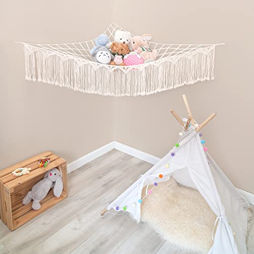 Mkono Macrame Stuffed Animal Hammock Boho Toy Storage Organizer with Lights Tassels and Stuffed Animal Toy Hammock Organizer with Colorful Tassels