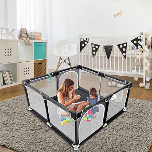 Baby Playpen 50”×50”,Pack N Play,Playard,Baby Gate,Kids Activity Center,Playpen for Babies & Toddlers,Indoor Outdoor(Black)