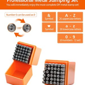 Metal Stamping Kit, DkOvn Complete Jewelry Making Stamping Tools with 74pcs 1/8” (3mm) Artistic Font Uppercase & Lowercase Letter and Number Punch, Metal Stamping Jig, Hammer and Steel Bench Block