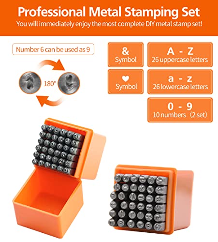 Metal Stamping Kit, DkOvn Complete Jewelry Making Stamping Tools with 74pcs 1/8” (3mm) Artistic Font Uppercase & Lowercase Letter and Number Punch, Metal Stamping Jig, Hammer and Steel Bench Block