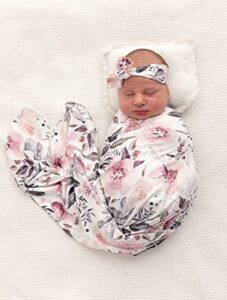 terriboo newborn baby girl swaddle and headband set floral receiving blanket (pink)